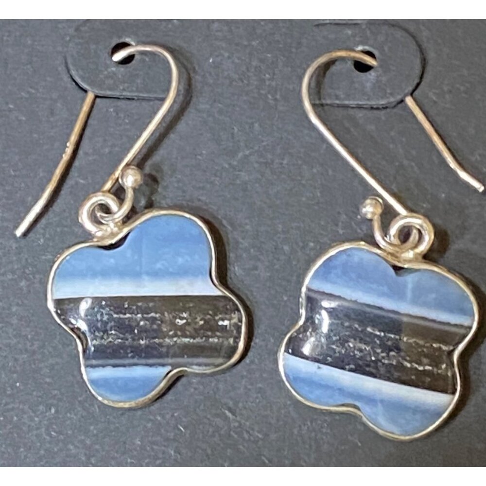 5/8" x 5/8" Kyanite Clover Sterling Silver 925 Blue & White Antique Earrings